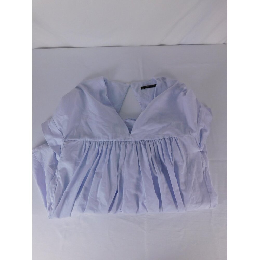 Zara Womens Small Blue Short Sleeve Babydoll Dress V Neck Cotton Flowy One Piece